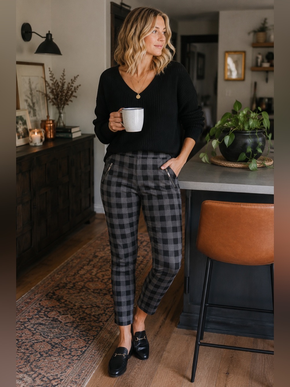 Coco + Carmen Gray Buffalo Plaid Pull On Pants XXL Stretch Zip Pockets - Picture 2 of 9